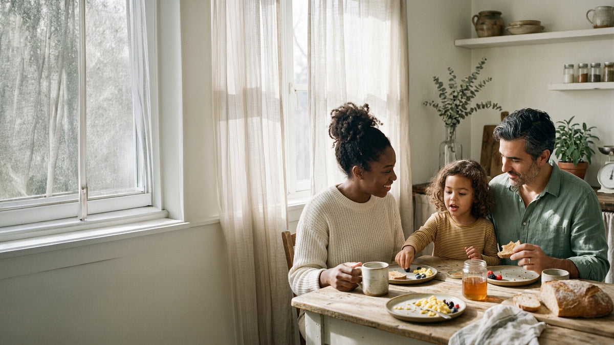 A diverse family sharing a calm breakfast at a sunlit kitchen table